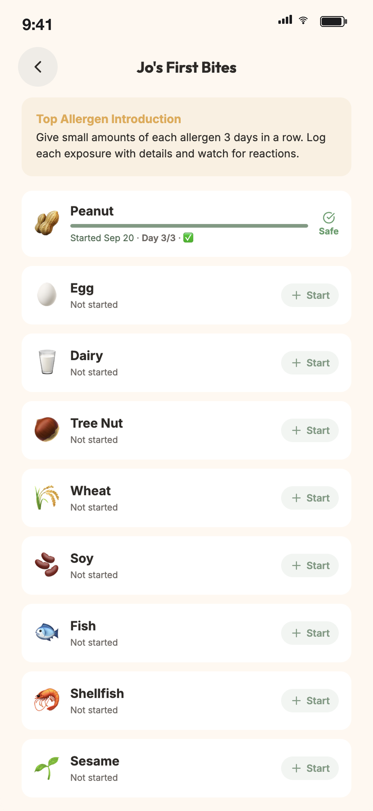 First Bites tracker with the top allergens and a three-day count