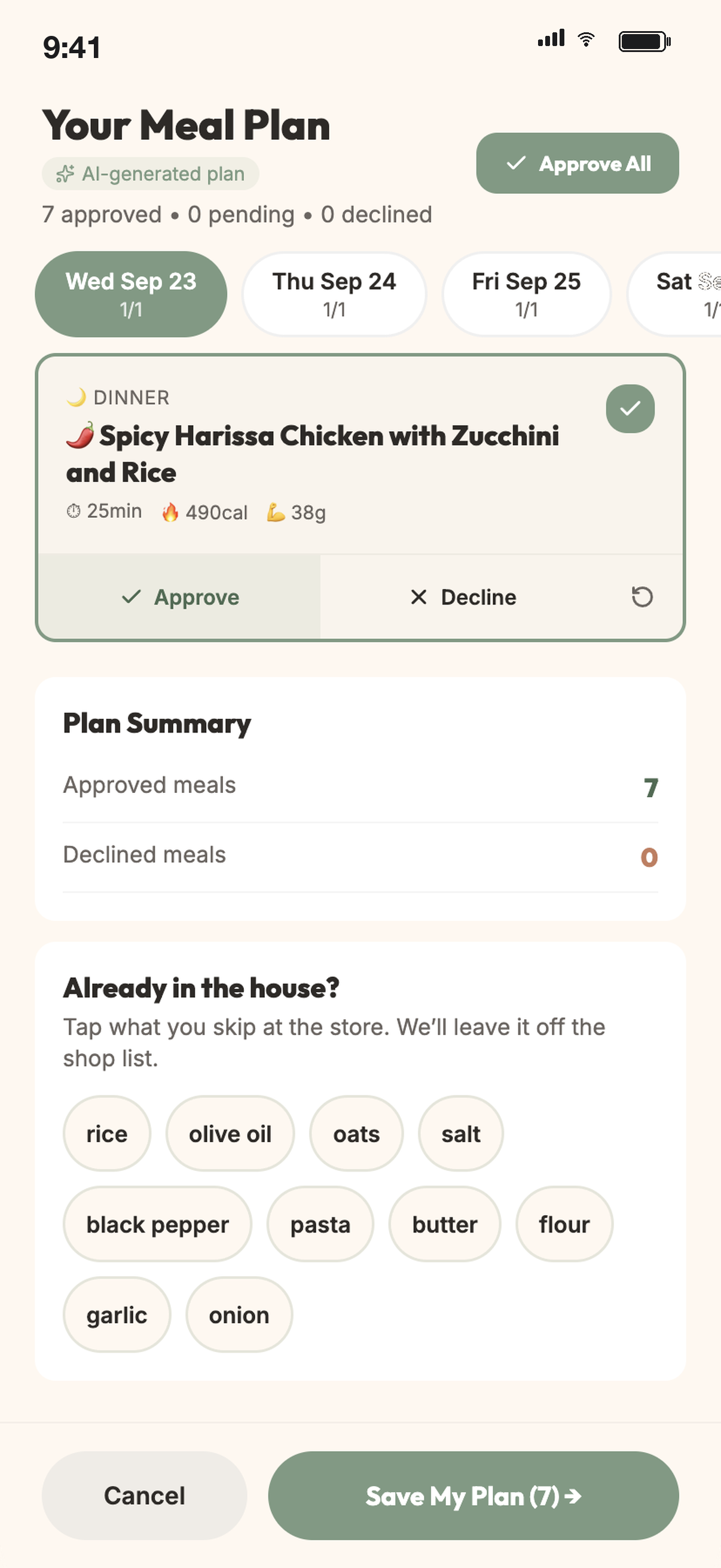 Review of a dinner week. The badge says AI-generated plan