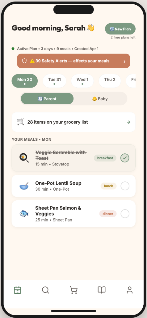 NourishNest meal planning app on iPhone